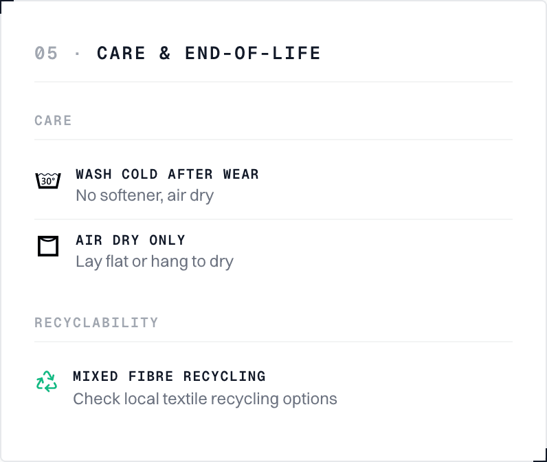 Care and end-of-life section with washing, drying and recycling guidance